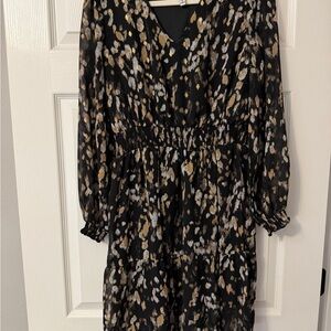 Harlow & Rose Black & Gold Metallic Print Smocked Waist Dress Size L